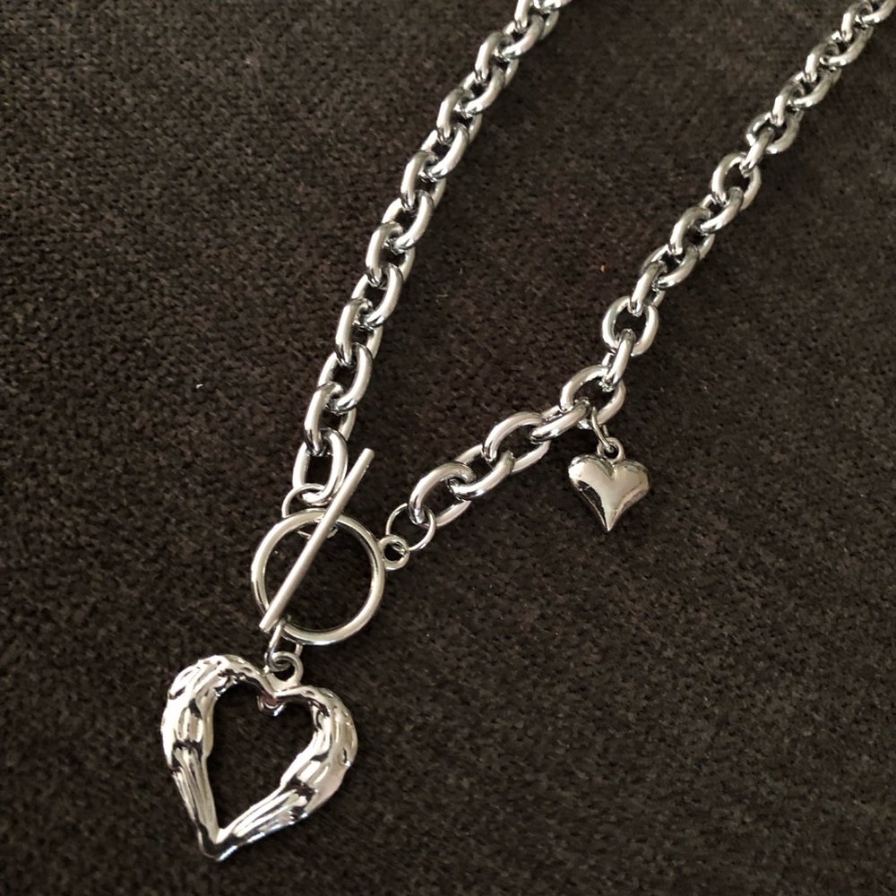 Silver Toggle Double Heart Necklace NWOT